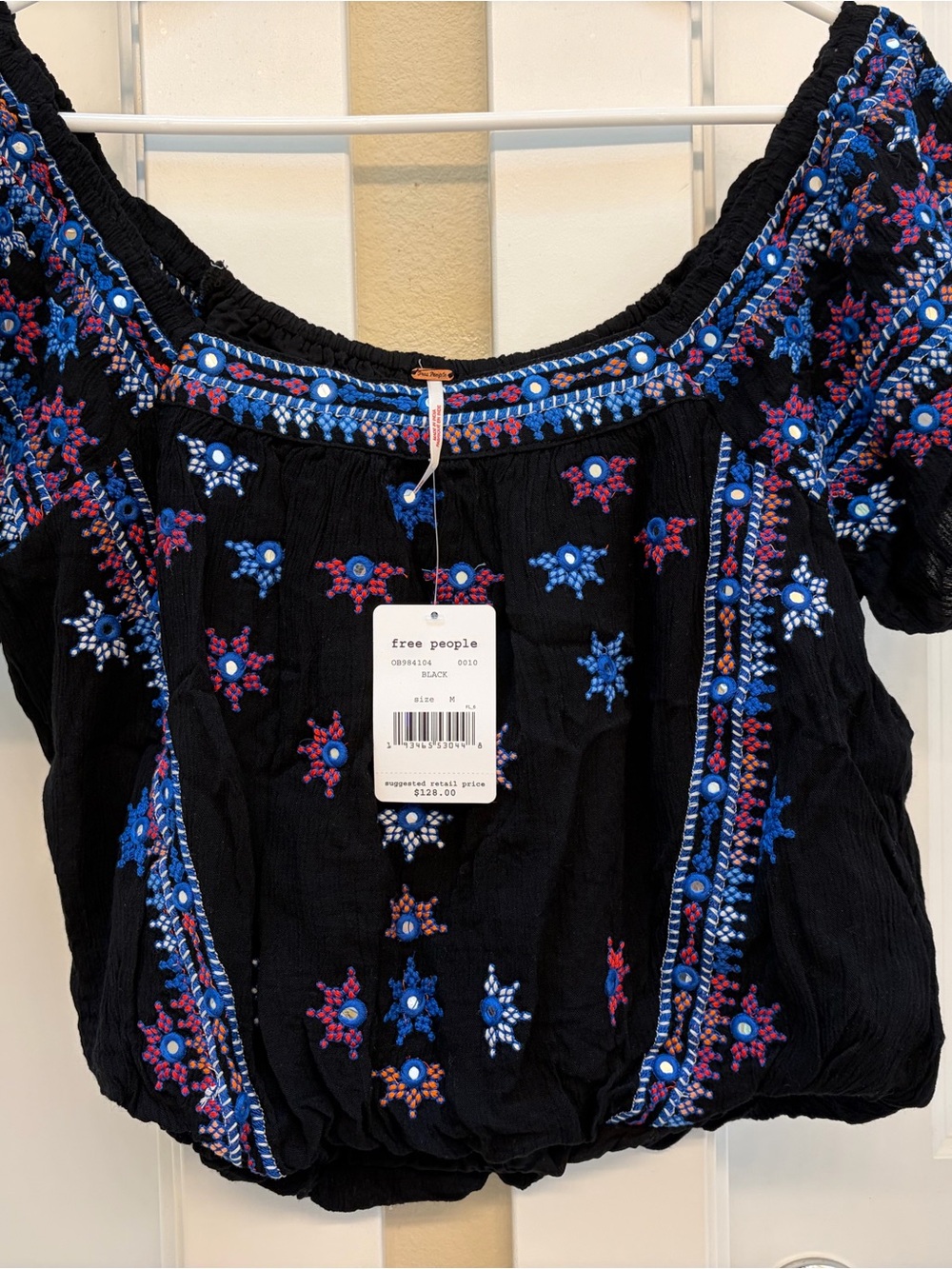 Free People Black Embroidered Peasant Blouse with Blue and Pink Accents